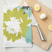 青とシャルトレウズのモダン花の柄 キッチンタオル (四つ折り)