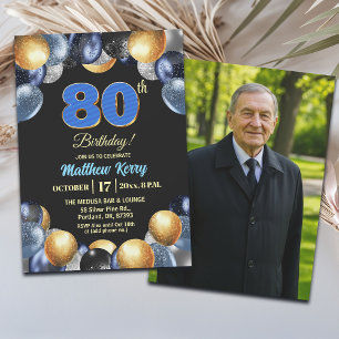 青とシルバーとゴールドの上品な80歳の誕生日記念写真 招待状