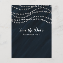青とシルバーの偽ダイヤモンドが輝く Save The Date 案内ポストカード