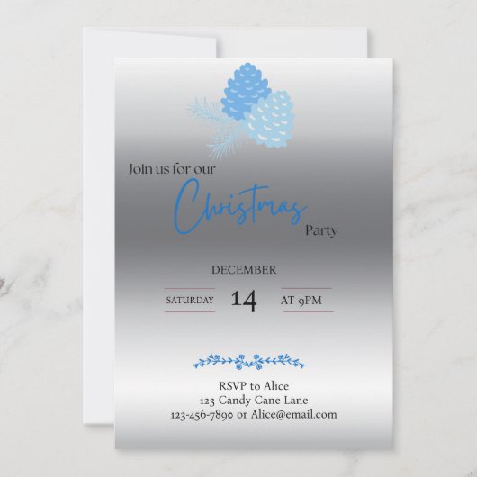 青とシルバーパインコーンクリスマス招待状 招待状 (正面)