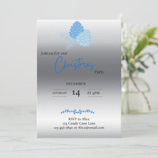 青とシルバーパインコーンクリスマス招待状 招待状 (スタンド正面)