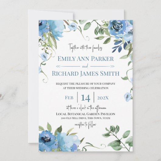 青とセージの水の色のフローラ結婚の 招待状 (正面)