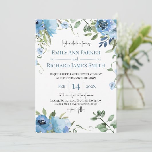 青とセージの水の色のフローラ結婚の 招待状 (スタンド正面)