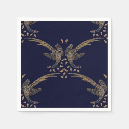 青とタンのキジとアコーンナプキンデザイン スタンダードカクテルナプキン (正面)
