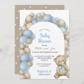 青とタンのバルーンアーチテディベア赤ちゃんシャワー 招待状 (正面/裏面)