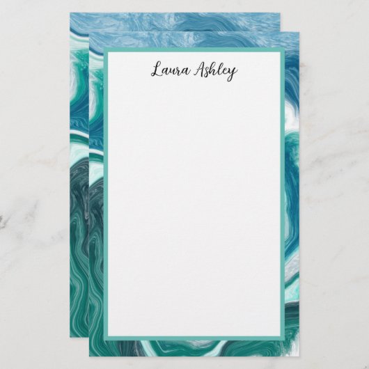 青とターキオの流体アートの文パーソナライズされた具 便箋 (正面/裏面)