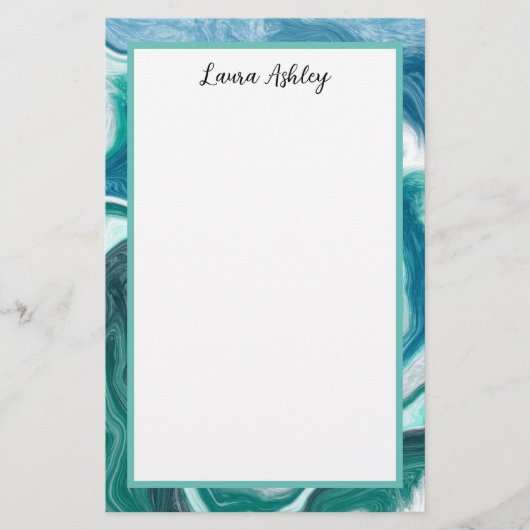 青とターキオの流体アートの文パーソナライズされた具 便箋 (正面)