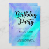 青とターコイズの水彩誕生日パーティー 招待状 (正面/裏面)