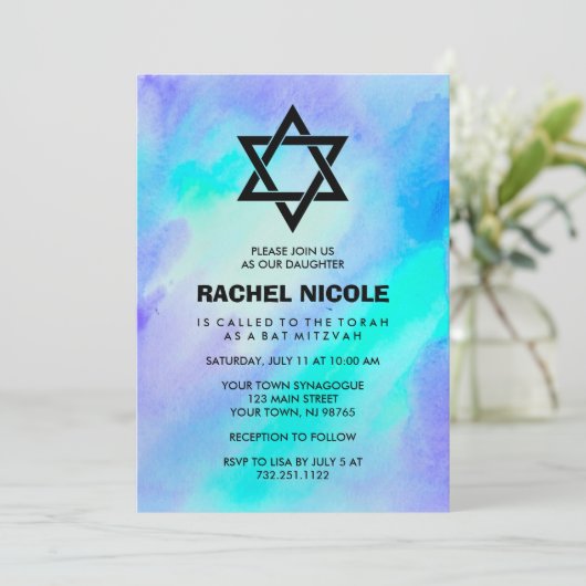 青とターコイズの水色ルックバルミツワー 招待状 (スタンド正面)