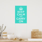 青とターコイズの「Keep Calm and Carry On」 ポスター (キッチン)