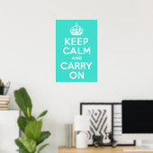 青とターコイズの「Keep Calm and Carry On」 ポスター (ホームオフィス)