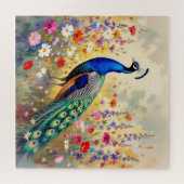 青とターコイズブルーのクジャクと花 ジグソーパズル (横)