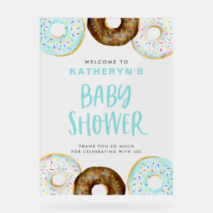 青とチョコレートのドーナツ赤ちゃんシャワーへようこそ アクリルサイン