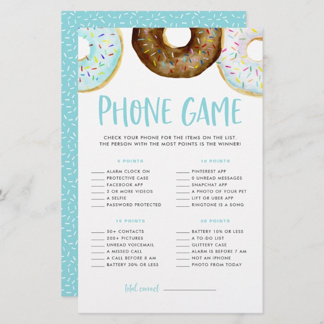 青とチョコレートのドーナツ赤ちゃんシャワー電話ゲーム (正面/裏面)