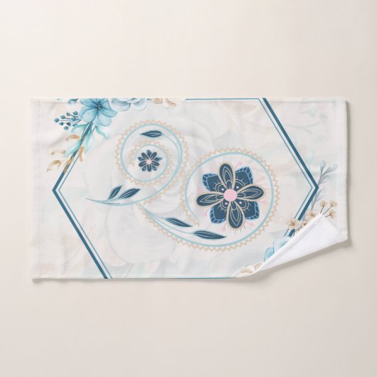 青とティール（緑がかった色）のフローラグラフィック「生命の活性化」 バスタオルセット (ハンドタオル)