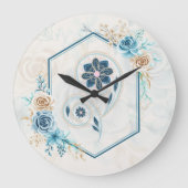 青とティール(緑がかった色)のフローラグラフィック「生命の活性化」 ラージ壁時計 (正面)