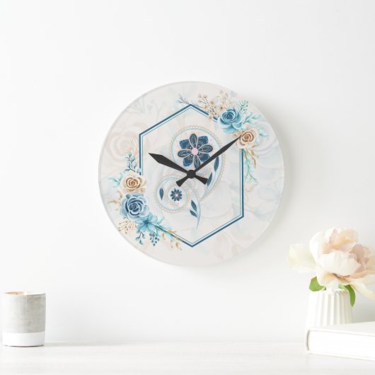 青とティール(緑がかった色)のフローラグラフィック「生命の活性化」 ラージ壁時計 (ホーム)