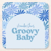 青とティール（緑がかった色）のレトロフローラGroovyベビーシャワー スクエアペーパーコースター (正面)