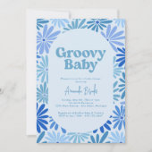 青とティール（緑がかった色）のレトロフローラGroovyベビーシャワー 招待状 (正面)