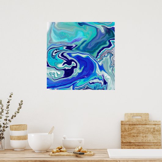 青とティール(緑がかった色)の大理石の波 ポスター (キッチン)