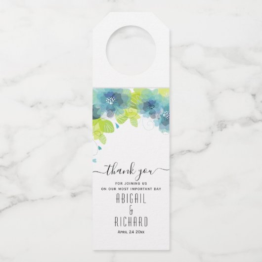 青とティール(緑がかった色)の春の花結婚、フローラ ボトルネックタグ (正面)