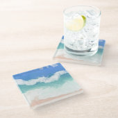 青とティール（緑がかった色）の海波 ガラスコースター (アングル)