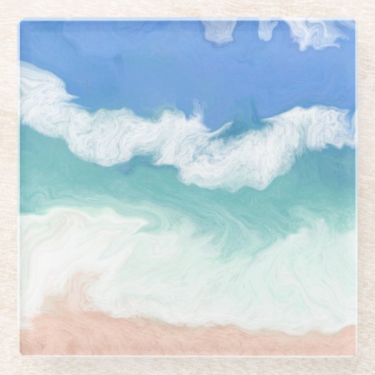 青とティール（緑がかった色）の海波 ガラスコースター (正面)