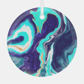 青とティール(緑がかった色)の海渦巻き流体アート ガラスオーナメント (正面)