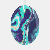 青とティール(緑がかった色)の海渦巻き流体アート ガラスオーナメント (正面左)