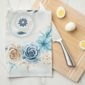 青とティール（緑がかった色）アート、「生命の活性化」、フローラ キッチンタオル (四つ折り)