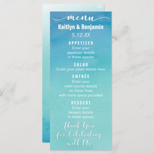 青とティール（緑がかった色）グラデーションの水の色結婚のメニューカード メニュー (正面/裏面)