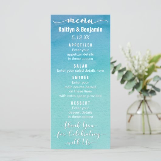 青とティール（緑がかった色）グラデーションの水の色結婚のメニューカード メニュー (スタンド正面)