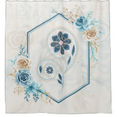 青とティール(緑がかった色)グラフィック、「生命の活性化」、フローラ シャワーカーテン (正面)