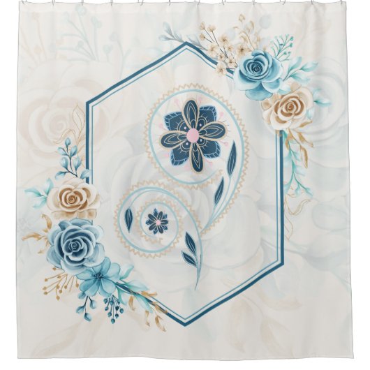 青とティール（緑がかった色）グラフィック、「生命の活性化」、フローラ シャワーカーテン (正面)