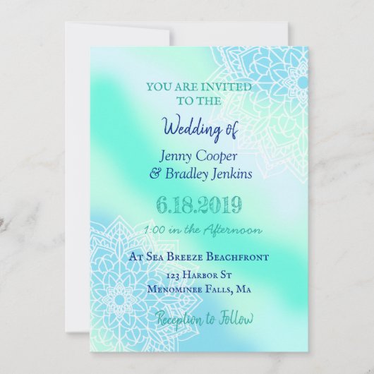青とティール（緑がかった色）マンダラエンチャント結婚ズ 招待状 (正面)