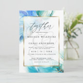 青とティール(緑がかった色)大理石アルコールインクスプラッシュ 招待状 (スタンド正面)