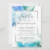 青とティール(緑がかった色)大理石アルコールインクスワール招待状 招待状 (正面)