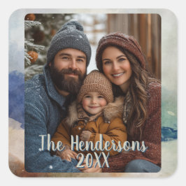 青とテラコタウォーターカラーフォトホリデー スクエアシール