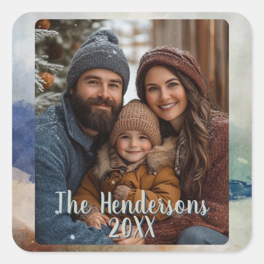 青とテラコタウォーターカラーフォトホリデー スクエアシール (正面)