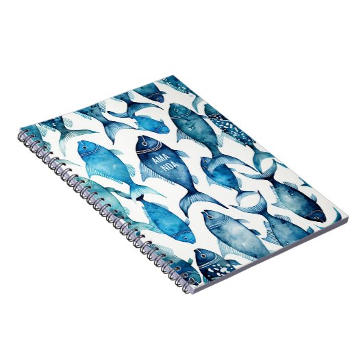 青とネイビーの海の魚 | 海洋の学校の子供向けノート ノートブック (右側)