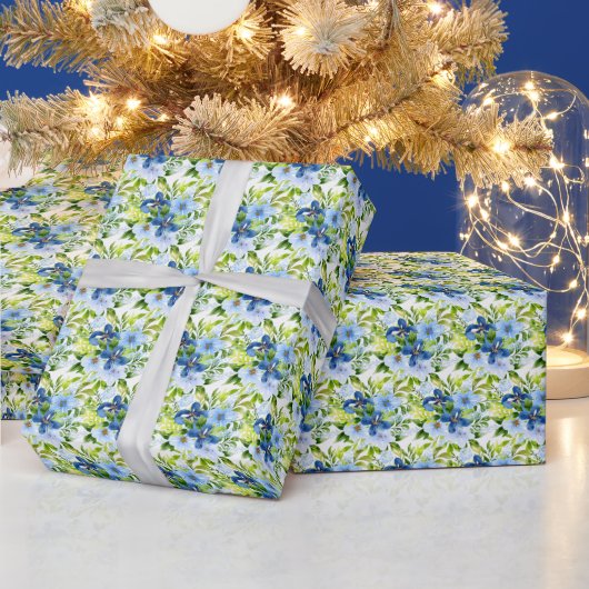 青とネイビーの花と葉 ラッピングペーパー (クリスマス)