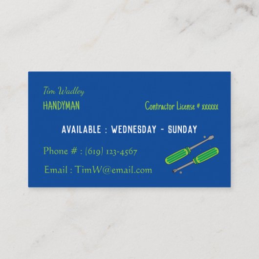 青とネオンの緑の便利屋の名刺 名刺 (裏面)