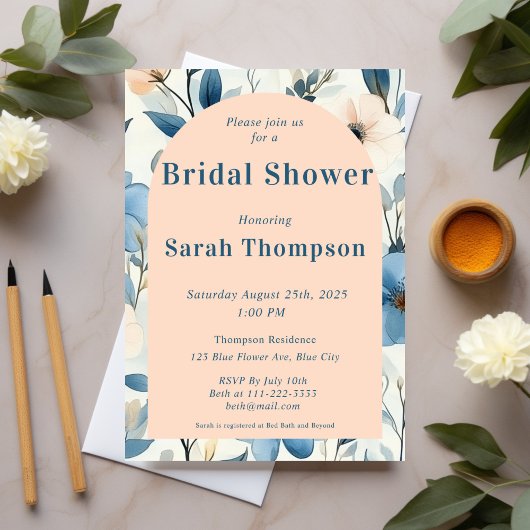 青とバラの水色フローラブライダルシャワー 招待状