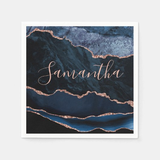 青とバラフェイク金ゴールドグリッターマーブルゲート スタンダードカクテルナプキン (正面)