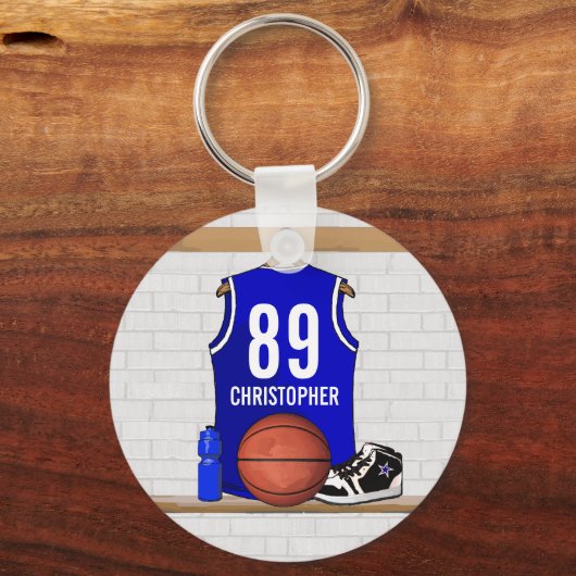 青とパーソナライズされた白のバスケットボールジャージー キーホルダー (正面)