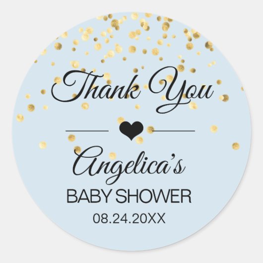 青とパーソナライズされた金ゴールドの赤ちゃんシャワーありがとう ラウンドシール (正面)