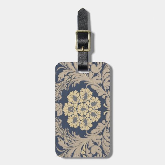 青とパーソナライズされた金ゴールドダマスクの荷物タグ ラゲッジタグ (正面縦)