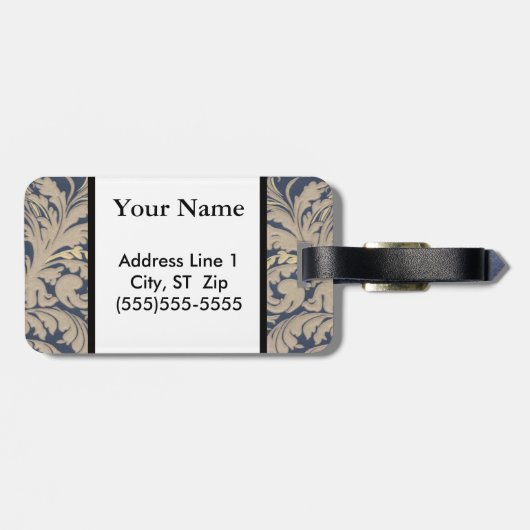 青とパーソナライズされた金ゴールドダマスクの荷物タグ ラゲッジタグ (裏面横)