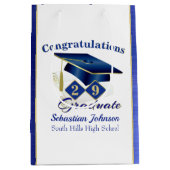 青とパーソナライズされた金ゴールド ミディアムペーパーバッグ (正面)