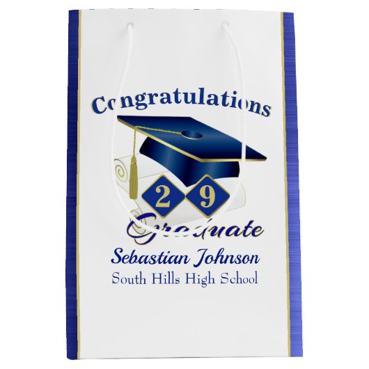 青とパーソナライズされた金ゴールド ミディアムペーパーバッグ (正面)